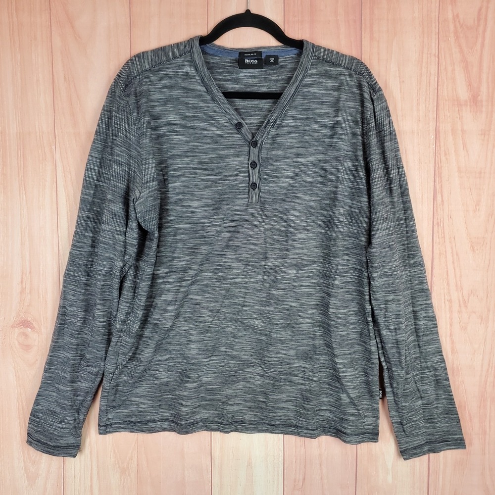 Hugo Boss Henley Mens Shirt Large Gray 100% Cotton V-Neck Long Sleeve Pullover